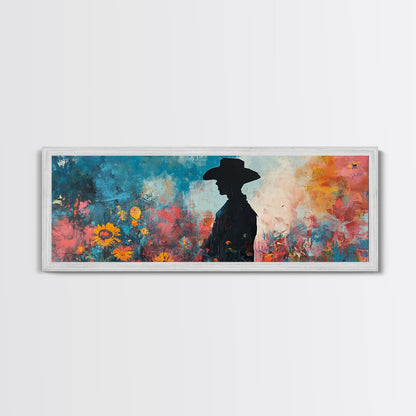 Black cowgirl painting, western decor, wildflower painting, boho art, extra wide art, framed canvas print, rustic decor, poppy wall art