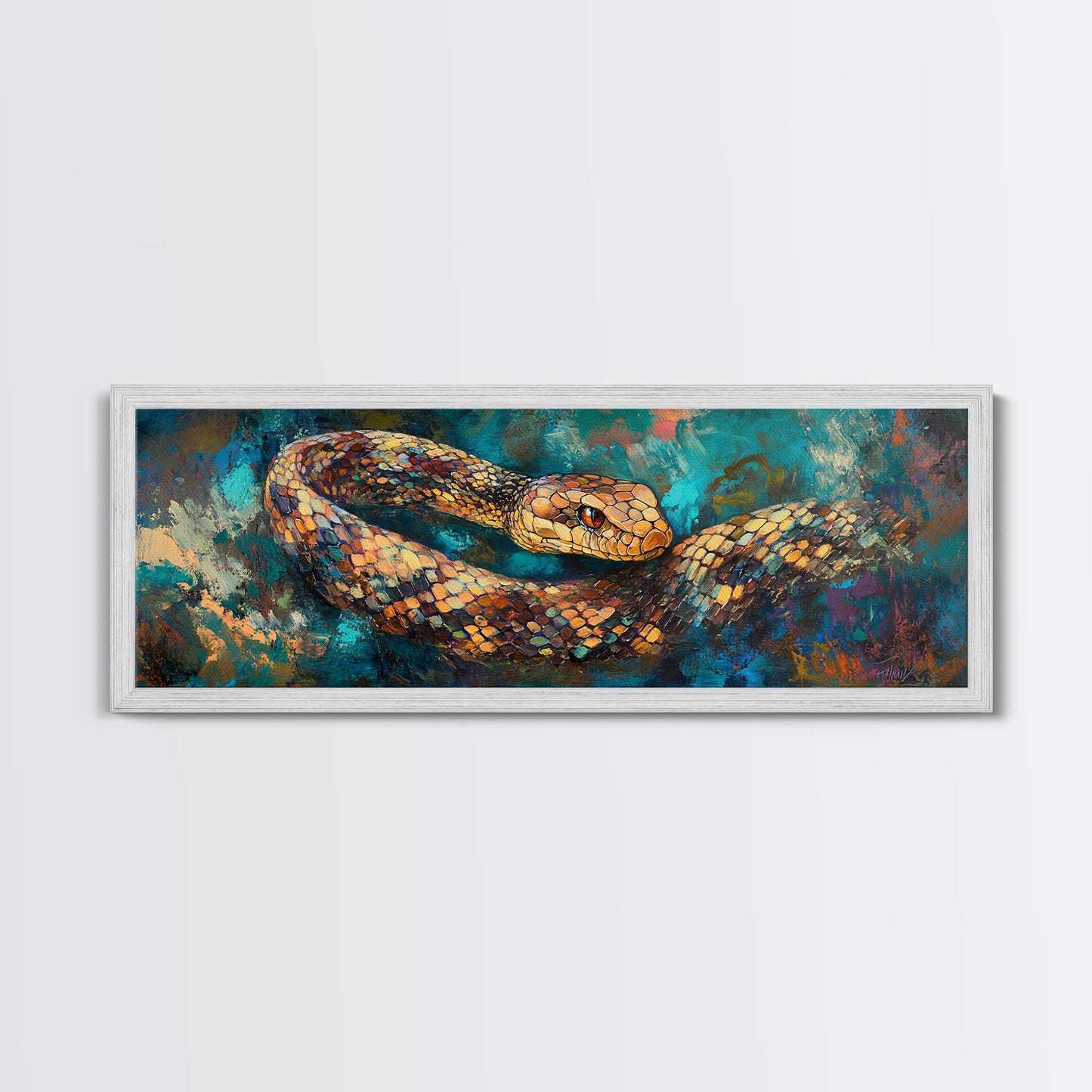 Coiled Serpent, moody art, snake painting, dark romance art, gothic decor, rustic wall art, panoramic wall art, framed canvas print