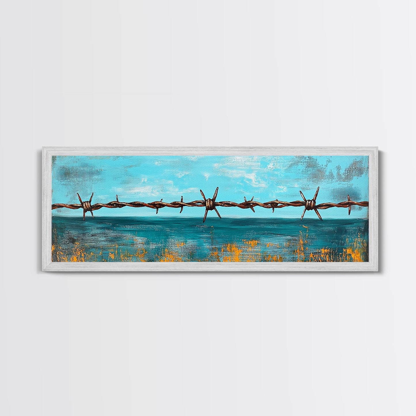 Barbed Wire Ocean, coastal decor, rustic art, farmhouse painting, minimalist painting, extra wide art, framed canvas print, moody art