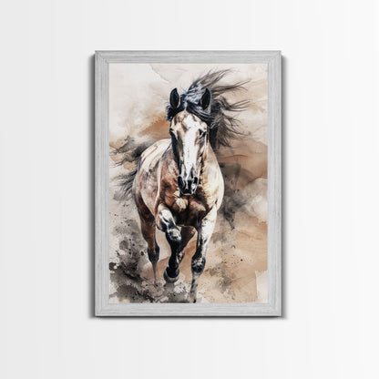 Charging Horse with Dust - Framed Canvas Print, Intense Living Room Art, Bold Bedroom Decor, Equestrian Art, Wall Art