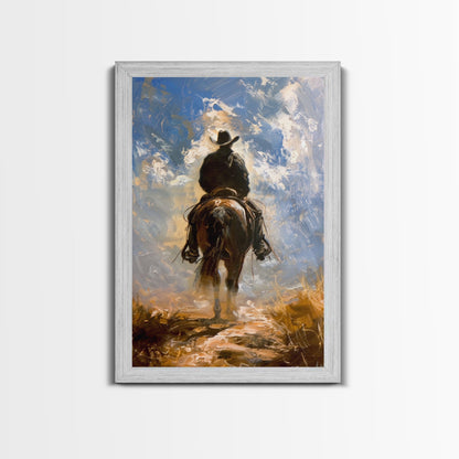 Cowboy Silhouette Riding Through the Plains - Framed Canvas Print, Western Art, Rustic Decor, Living Room Wall Art, Cowboy Themed Art