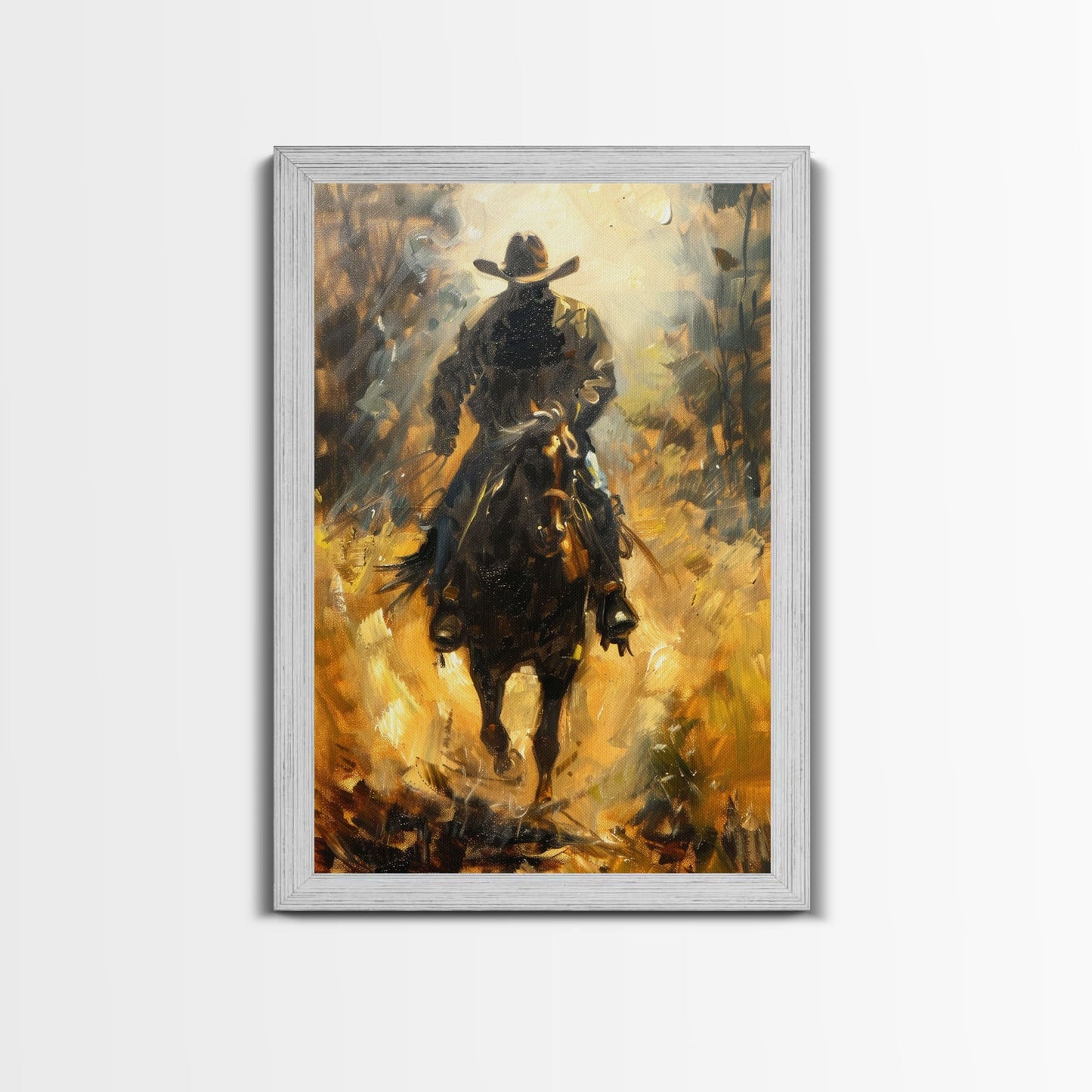 Cowboy Riding Horse into the Distance - Framed Canvas Print, Western Art, Rustic Decor, Living Room Wall Art, Cowboy Themed Art