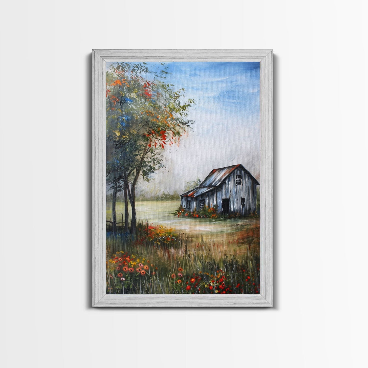 Idyllic Barn Scene with Rustic Charm - Framed Canvas Print, Country Living Room Decor, Farmhouse Wall Art, Barn Art Print for Bedroom