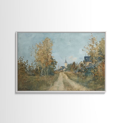 Old Country Road Leading To a Church, Framed Canvas Print, Unique Wall Art, One Of A Kind, folk art, Rustic Farmhouse