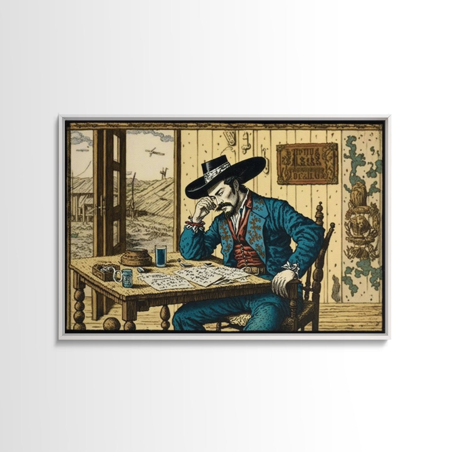 Japanese Cowboy, Wild West Samurai Mashup Art, Framed Canvas Print, Wild Western Decor, Home Art, Living Room Decor