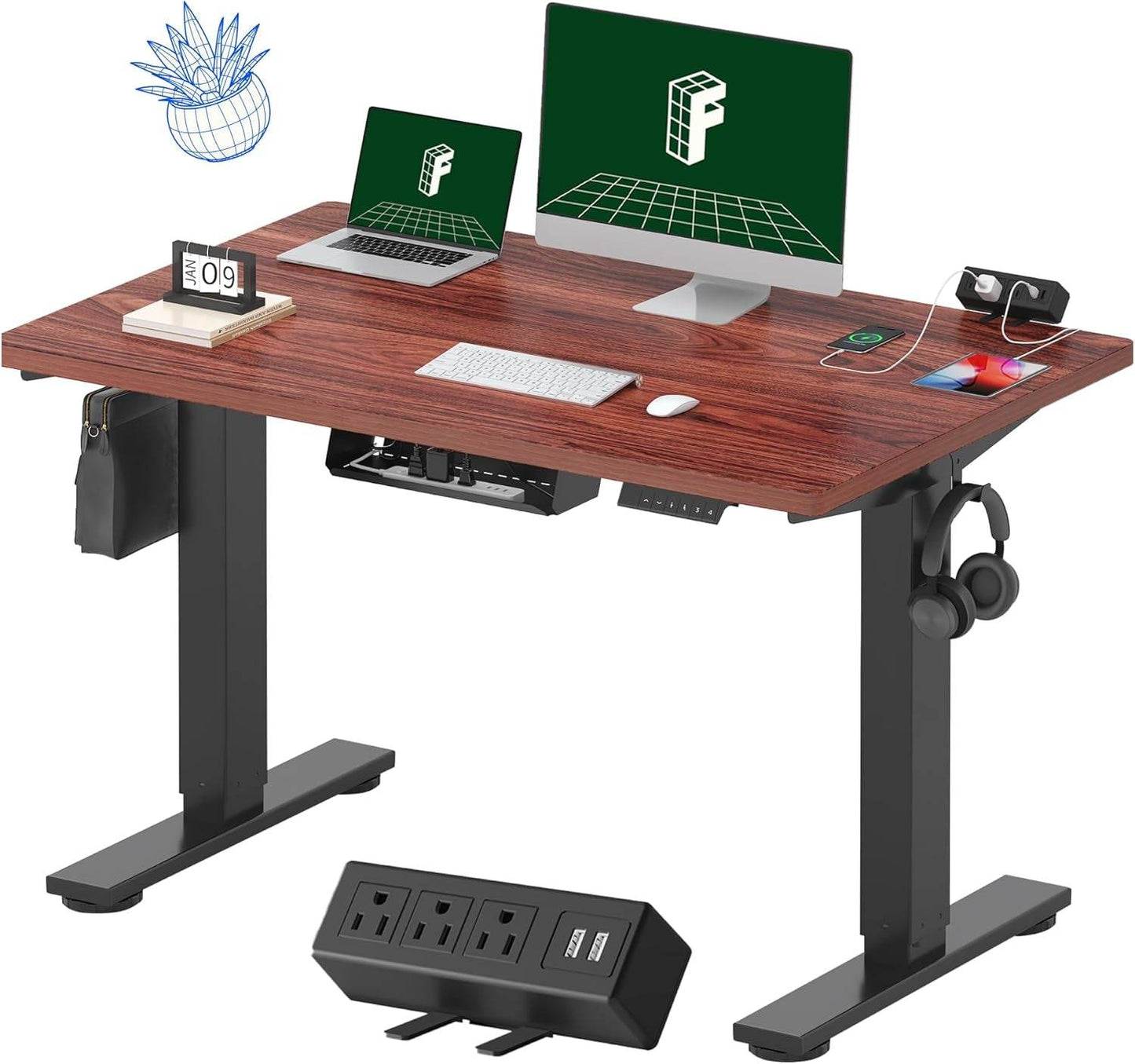 EN2 Height Adjustable Electric Standing Desk - 48"x30" with Clamp Power Strip & Cable Management (Gray Frame + Mahogany Top)