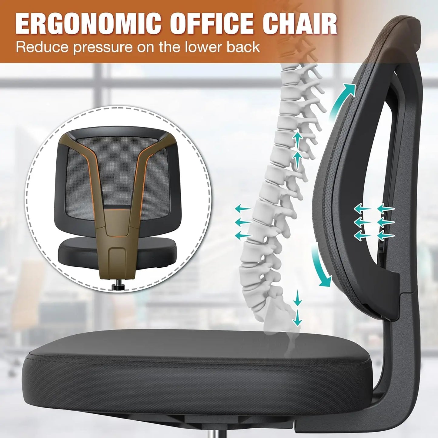 Swivel No Arms Small Office Desk Chair for Computer Home with Height Adjustable Back Support and Rotatoable Wheels for Small
