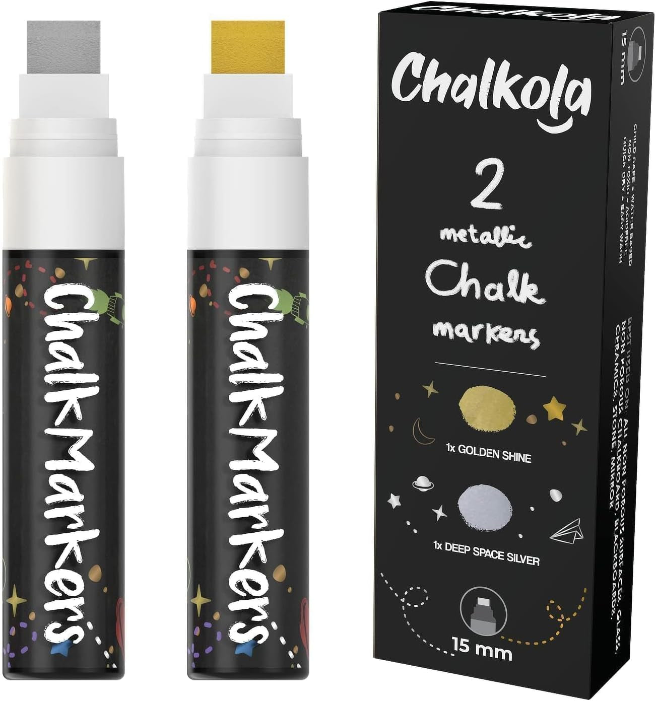 Metallic Chalk Markers (2 Pack) Liquid Chalk Pens for Blackboards, Chalkboard, Bistro Menu, Window Markers for Cars - Wet Wipe Erasable - 15Mm Jumbo Nib