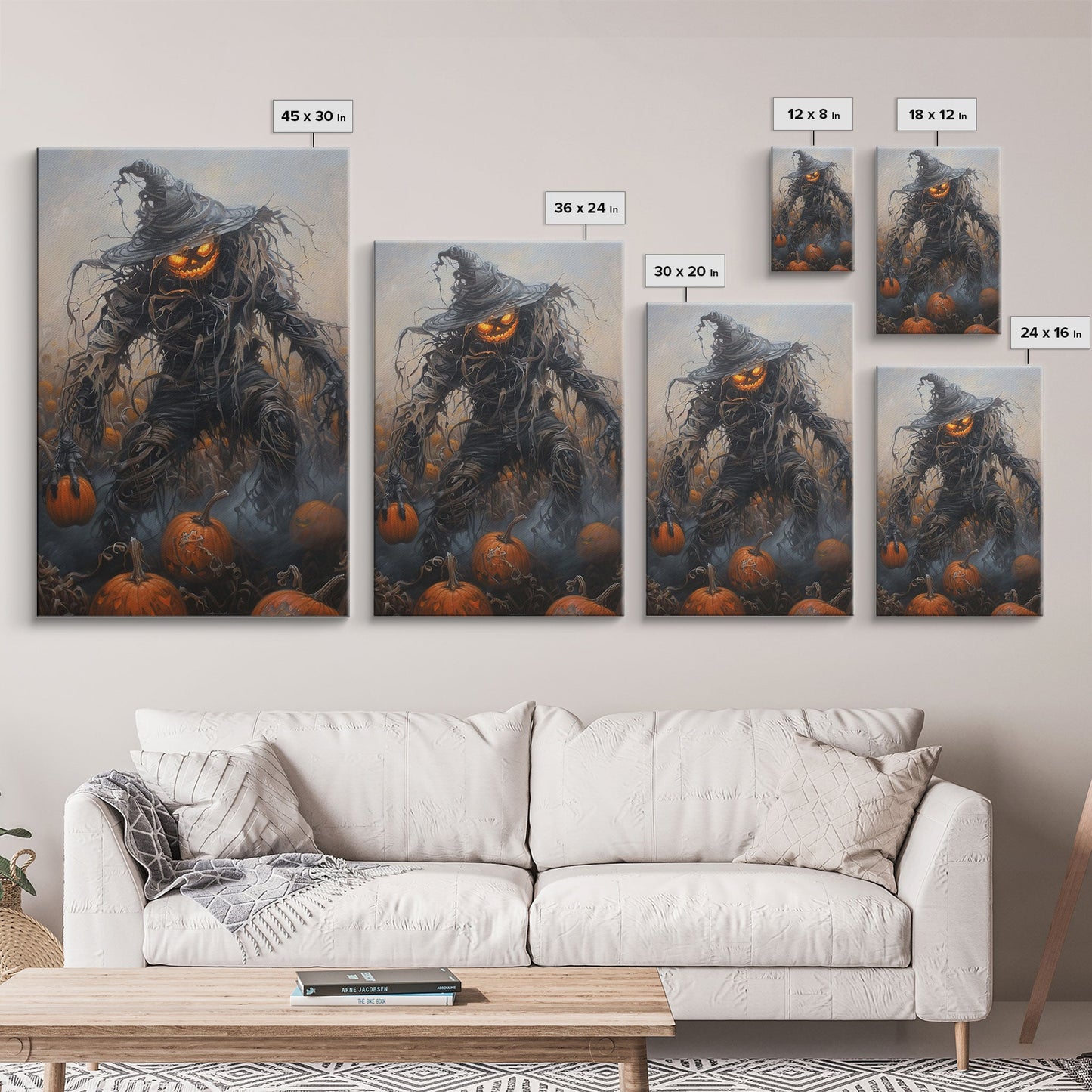 Haunting Scarecrow Holding Pumpkin in Misty Field | Halloween Wall Art | Spooky Home Decor | Creepy Scarecrow Painting | Framed Canvas Print