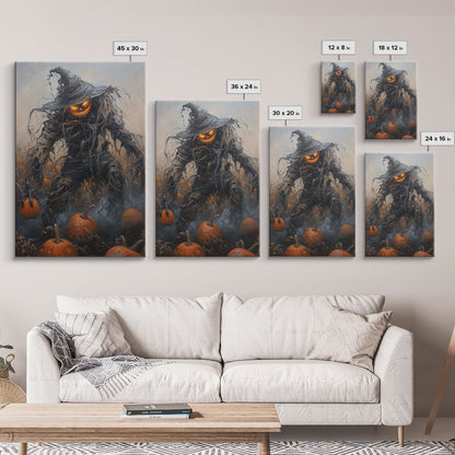 Haunting Scarecrow Holding Pumpkin in Misty Field | Halloween Wall Art | Spooky Home Decor | Creepy Scarecrow Painting | Framed Canvas Print