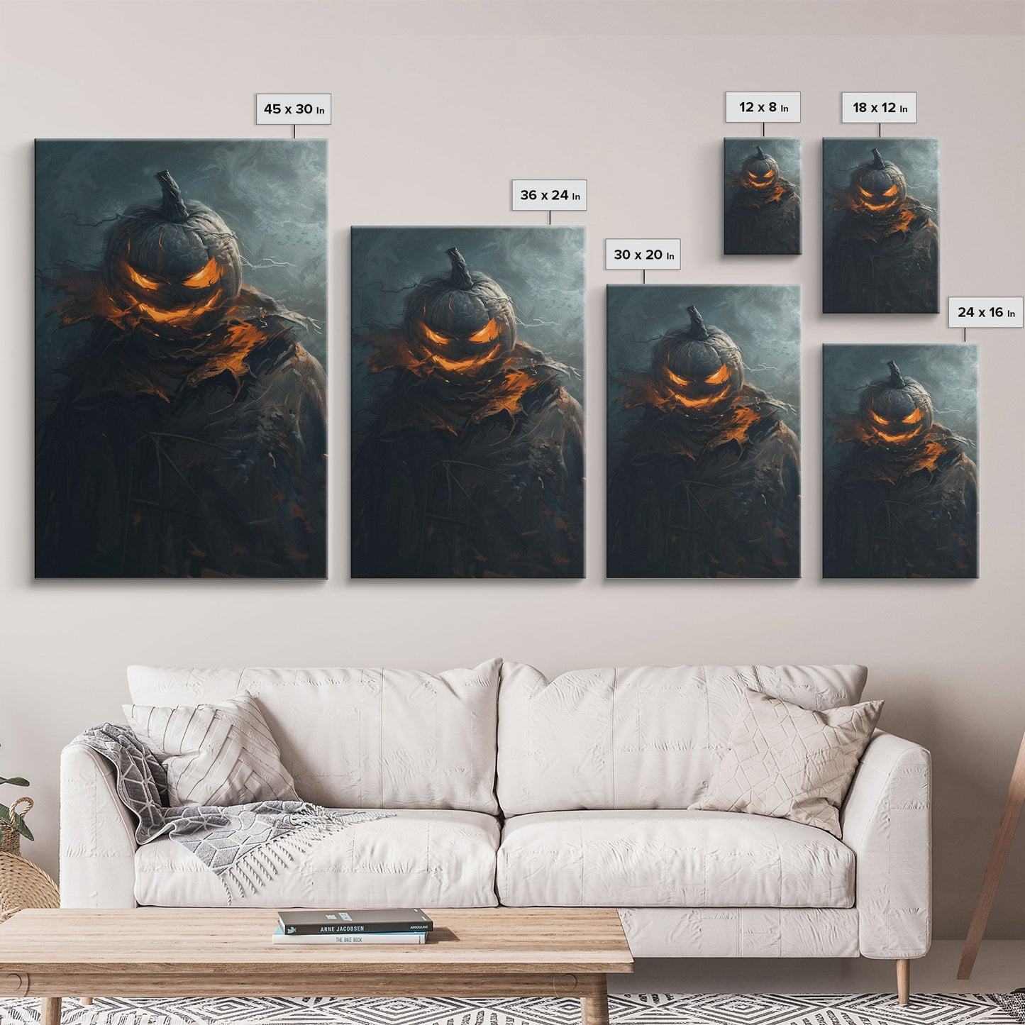 Menacing Pumpkin Head Monster Emerging from Fog - Creepy Halloween Horror Artwork Framed Canvas Print, Spooky Gothic Home Wall Decor