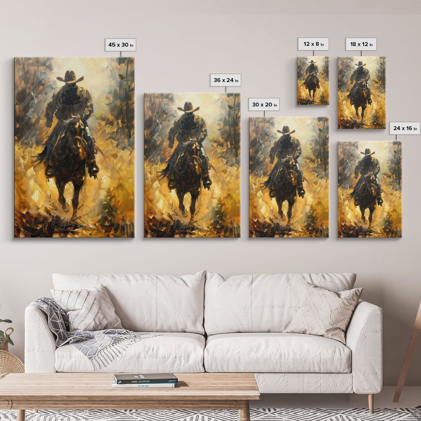 Cowboy Riding Horse into the Distance - Framed Canvas Print, Western Art, Rustic Decor, Living Room Wall Art, Cowboy Themed Art