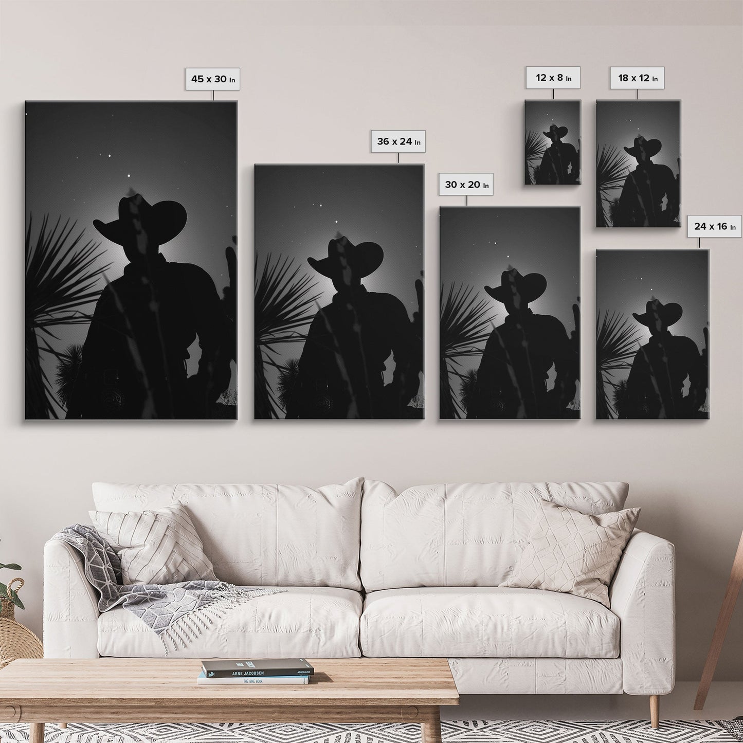 Lone Cowboy Silhouette under the Stars in Black and White for Rustic Wall Art, Canvas Prints, Home Decor, Living Room Art, Bedroom Art