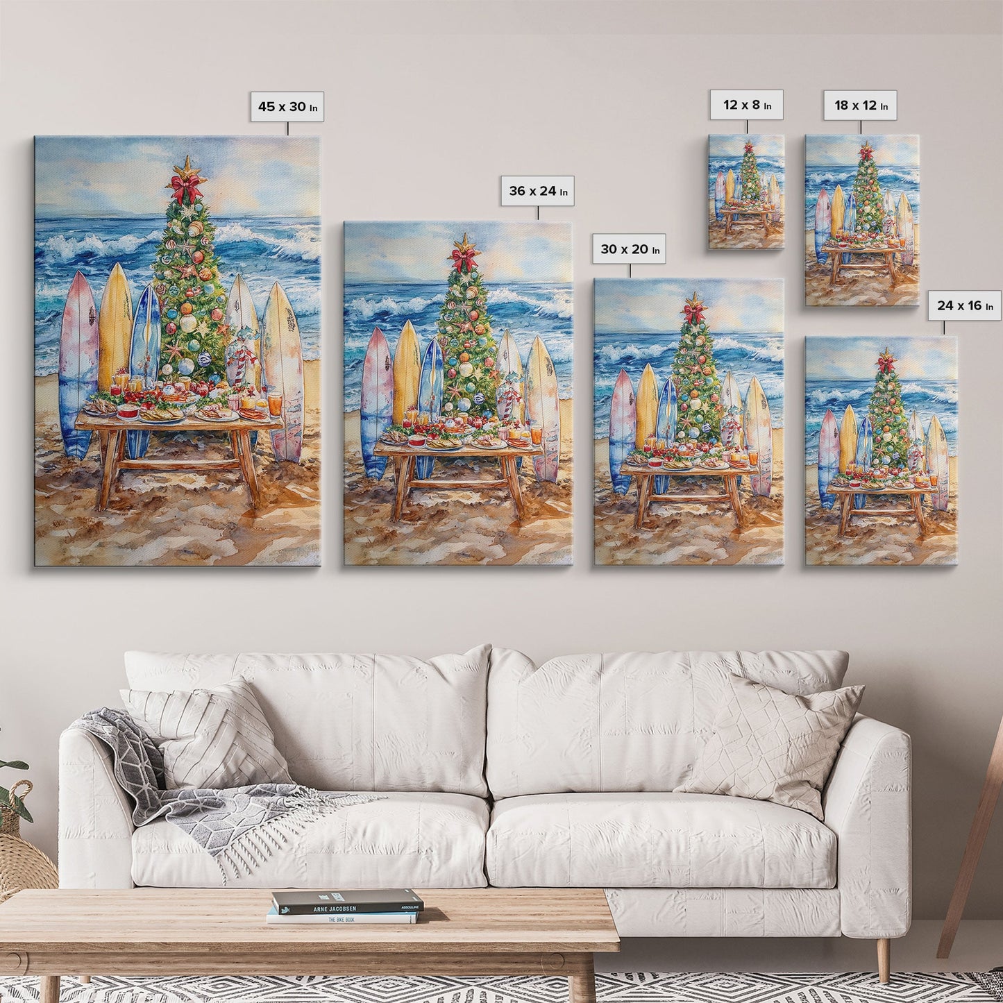 Christmas tree with surfboards on the beach, Framed Canvas Print tropical holiday wall art perfect beach Christmas decor holiday gift idea