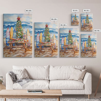 Christmas tree with surfboards on the beach, Framed Canvas Print tropical holiday wall art perfect beach Christmas decor holiday gift idea