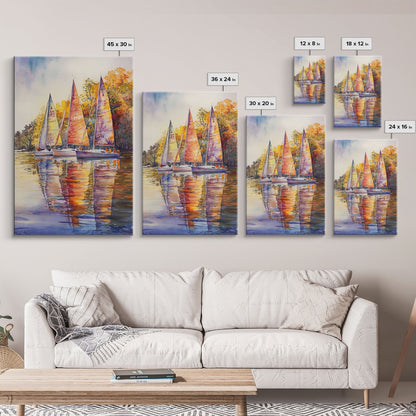 Colorful Sailboats Reflected On Water Framed Canvas Print Fall Nautical Wall Art Coastal Decor Best Gift Idea Holiday Wall Art