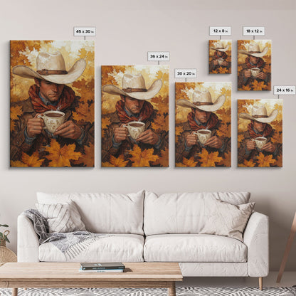 Cowboy Holding Hot Drink Framed Canvas Print - Moody Winter Landscape Art Perfect 2024 Christmas Wall Decor