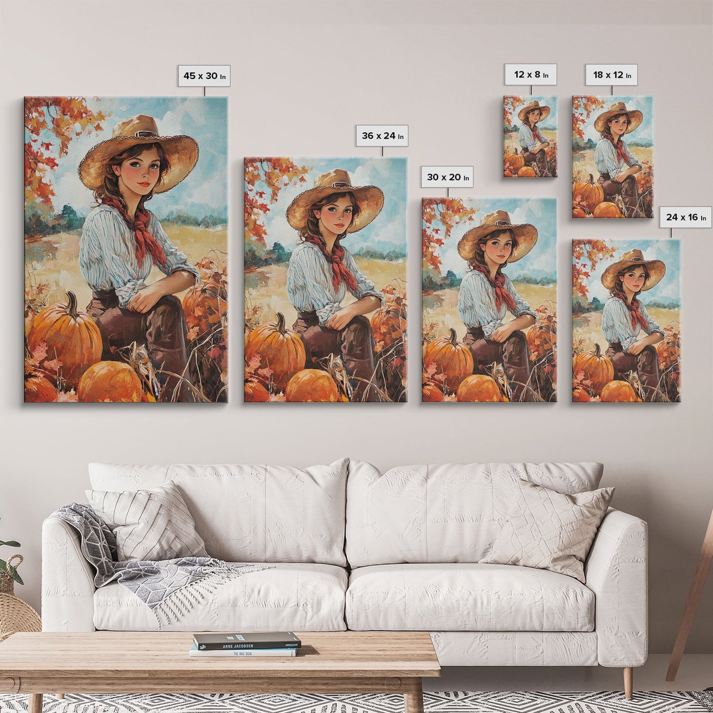 Country fall harvest framed canvas print pumpkins and a serene autumn landscape perfect seasonal wall art for rustic farmhouse home decor