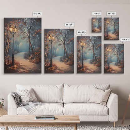 Spooky Street Lights In The City Park, Framed Canvas Print, Wood Framed Wall Art, Fall Decor, Holiday Decor, Seasonal Gift Idea