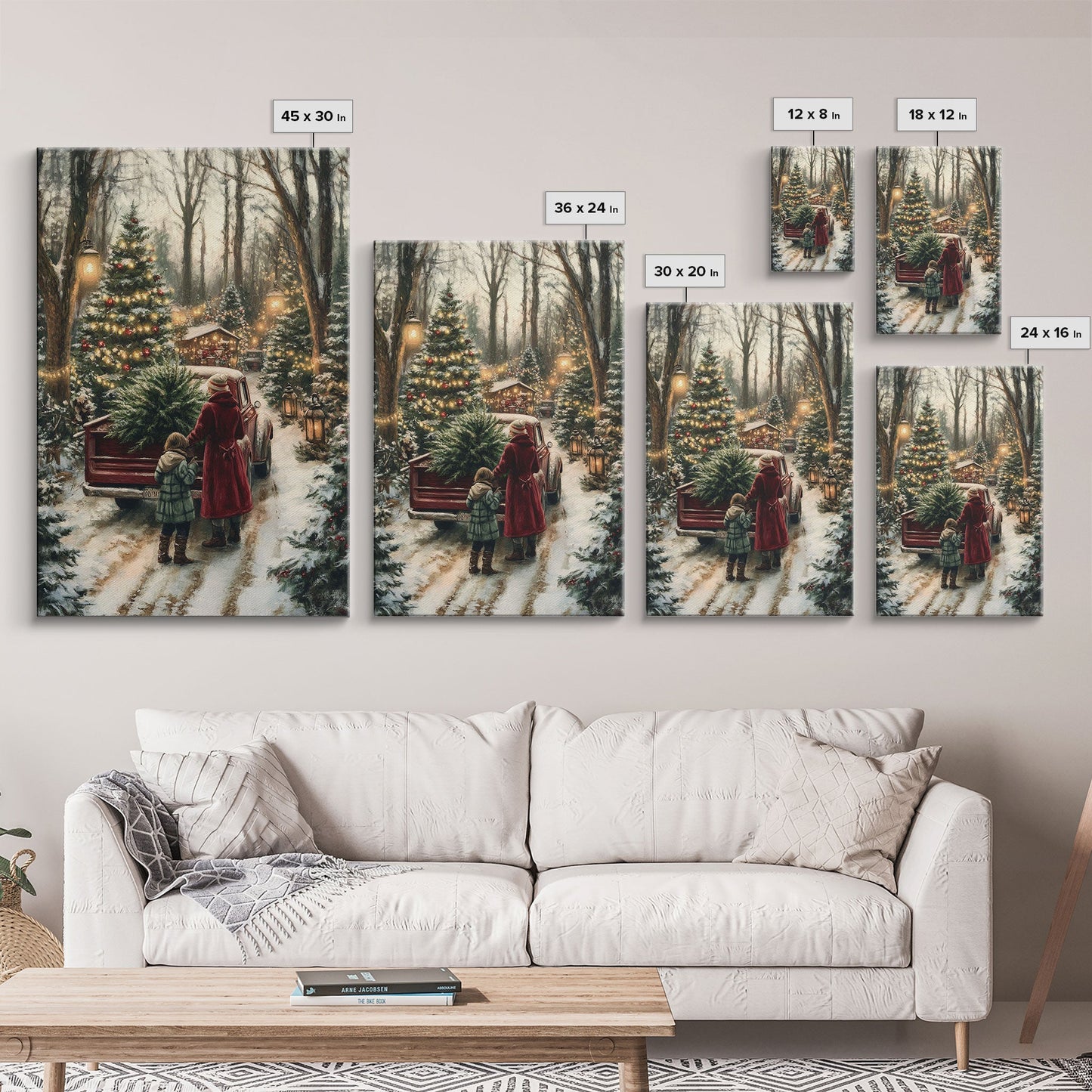 Rustic Christmas Tree Farm with Red Truck in Snowy Forest, Ideal Farmhouse Christmas Decor for Holiday Wall Art, Framed Canvas Print