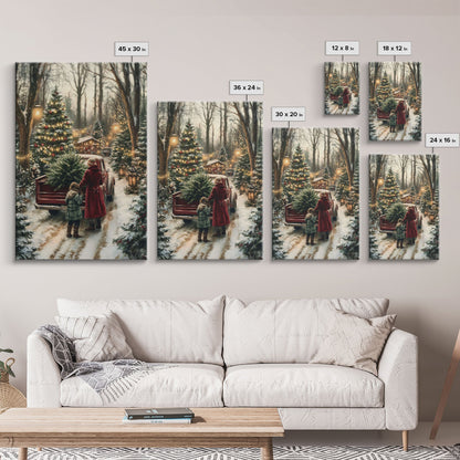 Rustic Christmas Tree Farm with Red Truck in Snowy Forest, Ideal Farmhouse Christmas Decor for Holiday Wall Art, Framed Canvas Print