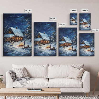 Cowboy Christmas by the Fire Framed Canvas Print, Western Holiday Decor with Snowy Cabin, Cozy Art Perfect for Rustic Christmas Winter Decor