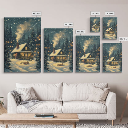 Cozy Cabin in Snowy Winter Forest, Warm Christmas Lights and Peaceful Holiday Scene, Perfect for Winter Wall Art, Framed Canvas Print