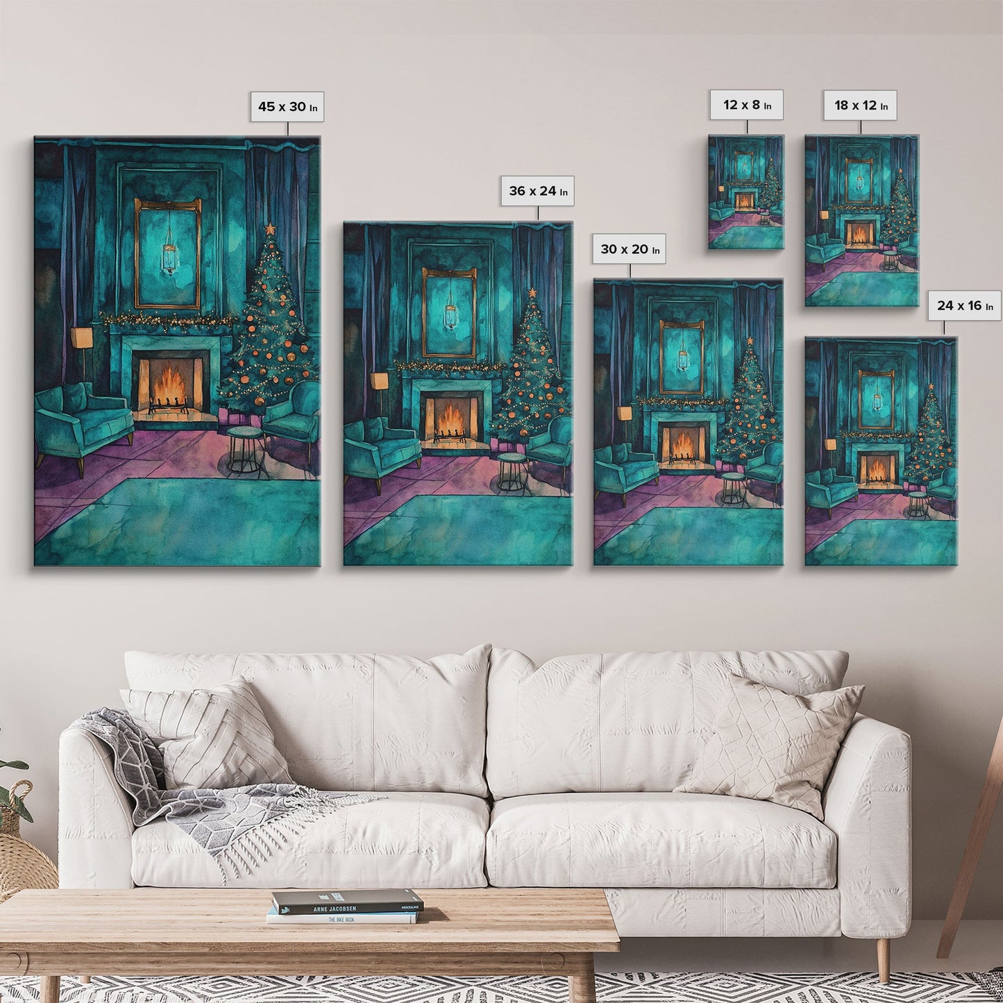 Cozy living room with Christmas tree and fireplace, Framed Canvas Print, Christmas wall art, perfect modern farmhouse holiday decor