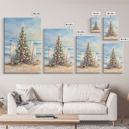 Coastal Christmas tree with surfboards at the beach Framed Canvas Print, tropical holiday wall art beach Christmas decor Christmas prints