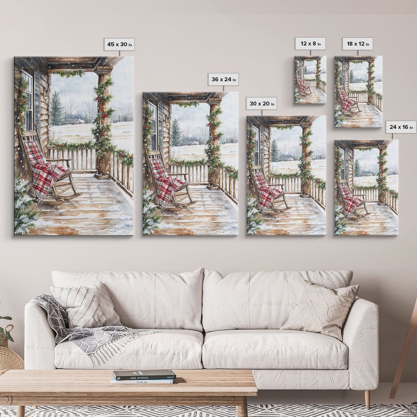 Farmhouse porch decorated with garland and cozy rocking chair, Framed Canvas Print winter decor idea for rustic home Christmas wall art