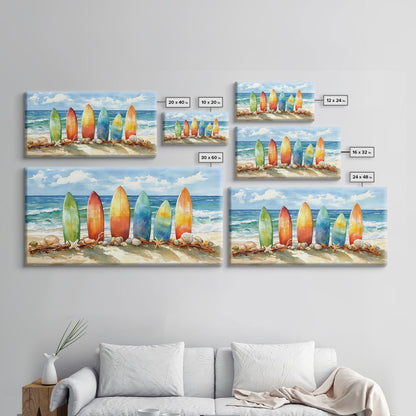 Colorful surfboards Christmas wall art, beach holiday decor, coastal Christmas art, framed canvas print, tropical Christmas art gift