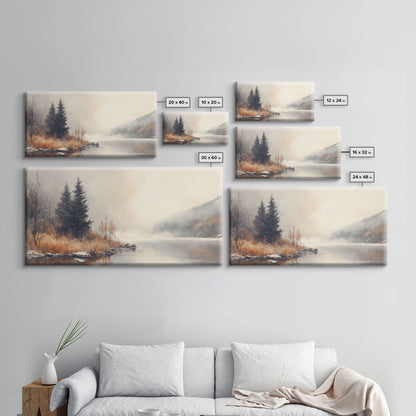 Fall On The River, Framed Canvas Print, Beautiful Watercolor Painting Of an Autumn Landscape, Ready To Hang Seasonal Decor