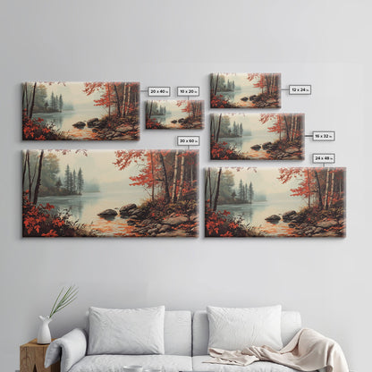 Fall On The River, Rustic Landscape Painting, Primitive Wall Art, Framed Canvas Print, retro festive holiday wall art Christmas decor