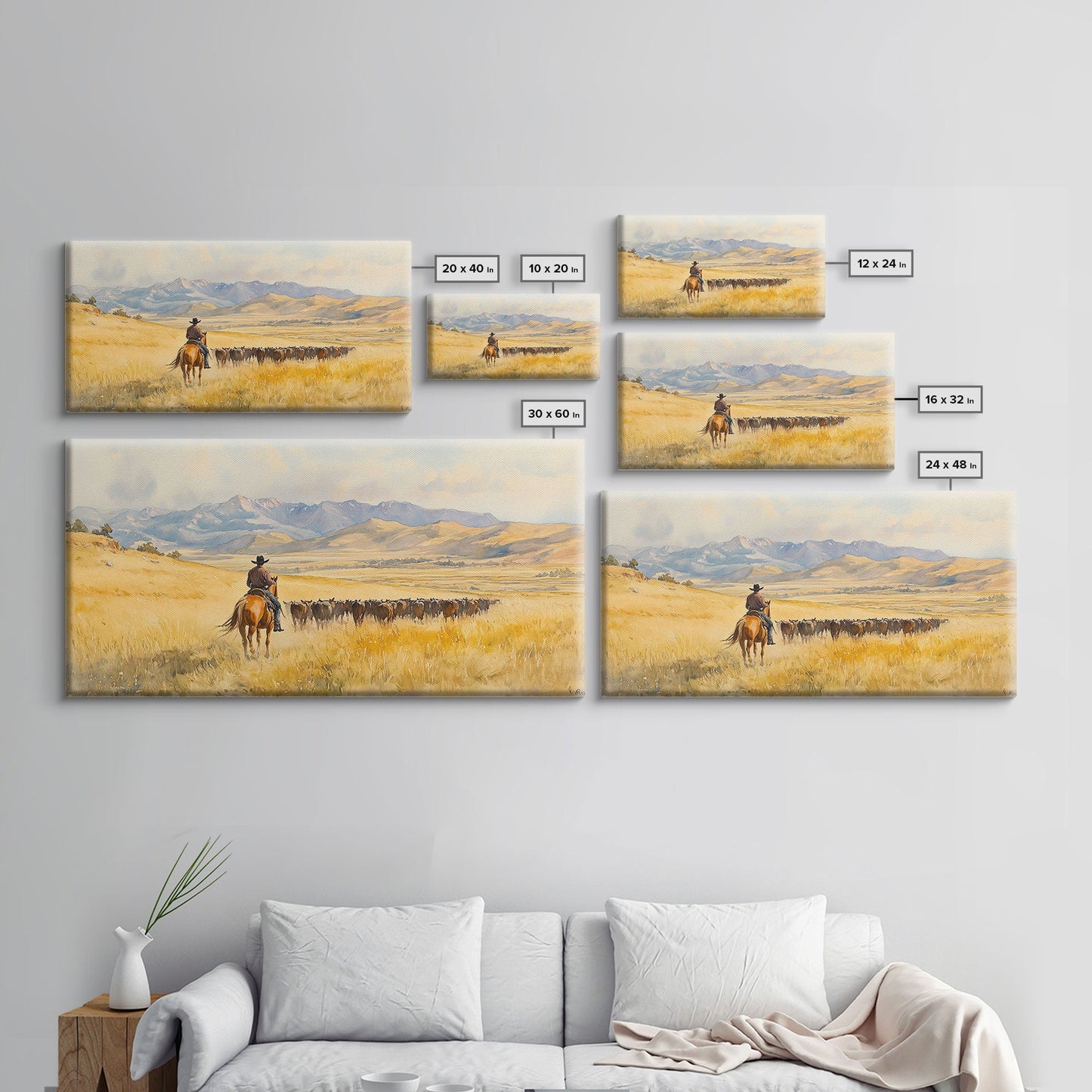 Cowboy On Snowy Path Framed Canvas Print Tall Art Winter Wonderland Western Christmas Decor Rustic Winter Wall Art Gift Cowboy Holiday Gift