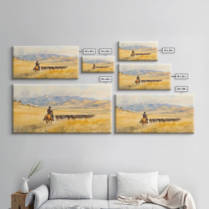 Cowboy On Snowy Path Framed Canvas Print Tall Art Winter Wonderland Western Christmas Decor Rustic Winter Wall Art Gift Cowboy Holiday Gift