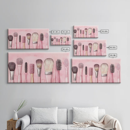 Makeup Brush Art Framed Canvas Print, Light Pink Chinoiserie Wall Art Whimsical Decor, Minimalist Art Rustic Wall Gift Idea