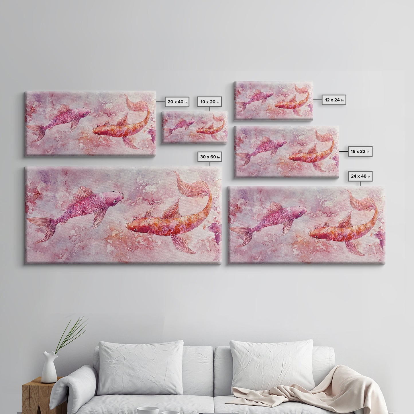 Koi Fish Painting Canvas Print Pink and Orange Wall Art Above Sofa Art Nautical Decor Gift Idea Whimsical Art Bedroom Decor
