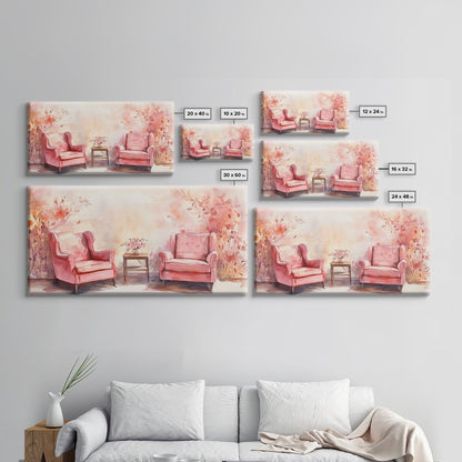 Cozy Pink Living Room Canvas Print with Chairs and Floral Decor, Perfect Rustic Wall Art for Fall or Above Couch Decor, Farmhouse Style