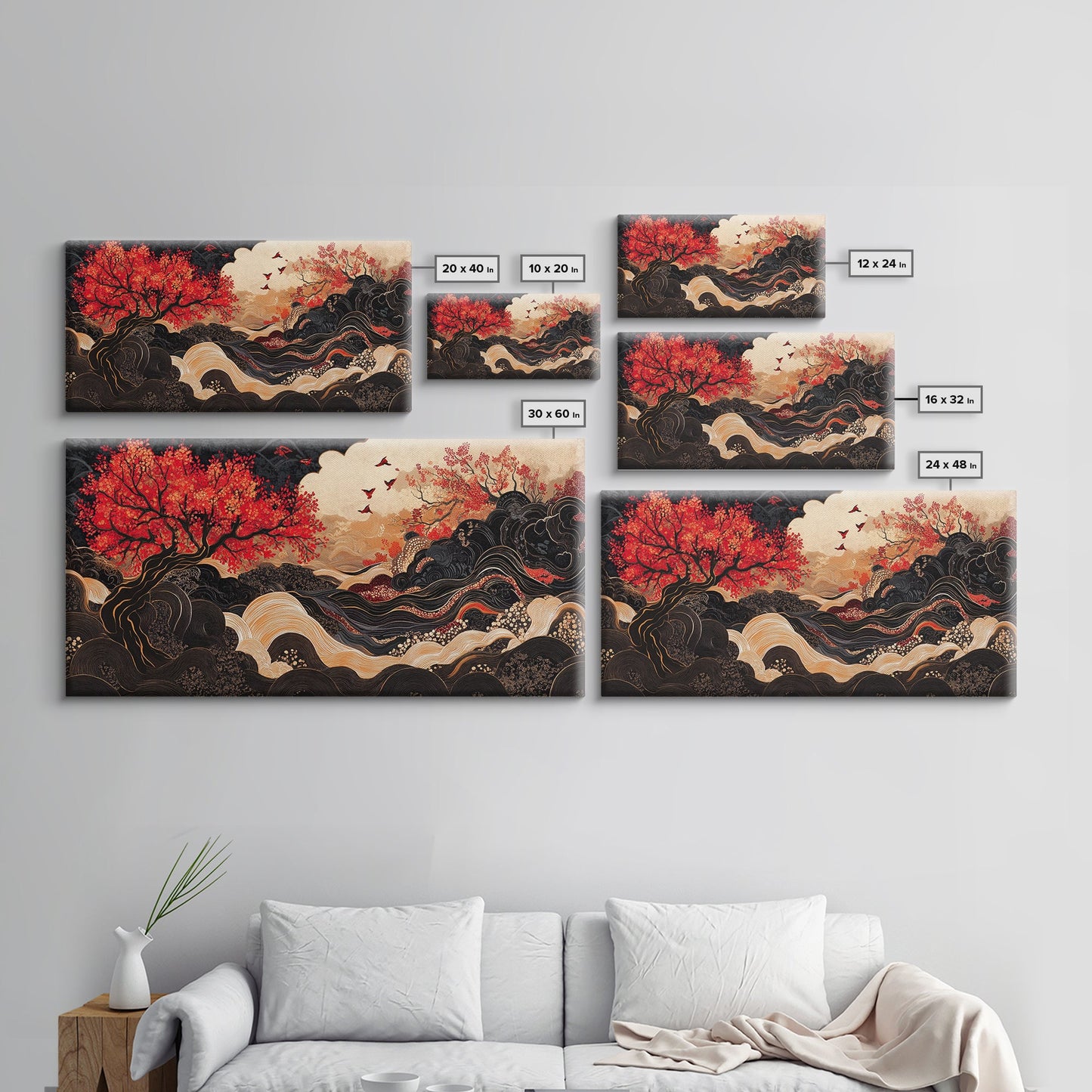 Japanese Inspired Framed Canvas Print Featuring Chinoiserie Wall Art and Autumn Tree Painting Unique Horizontal Living Room Art