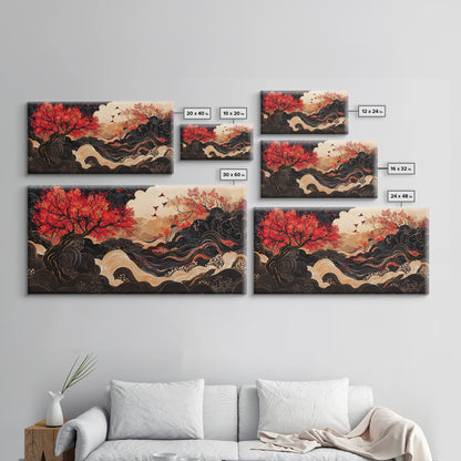 Japanese Inspired Framed Canvas Print Featuring Chinoiserie Wall Art and Autumn Tree Painting Unique Horizontal Living Room Art