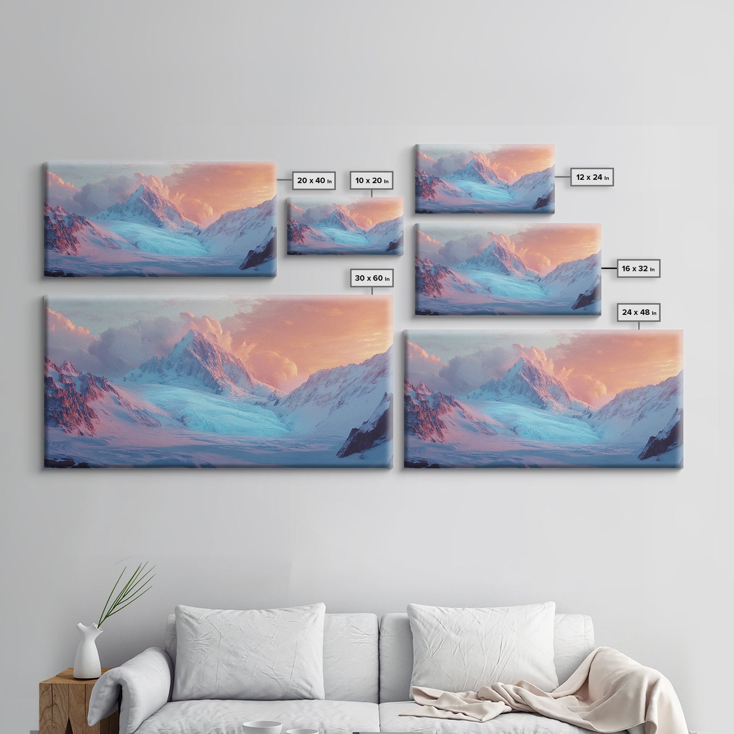 Snowy Mountain Scene, Landscape Painting, Moody Art, Extra Wide Art, Framed Canvas Print, Winter Decor, Bedroom Art