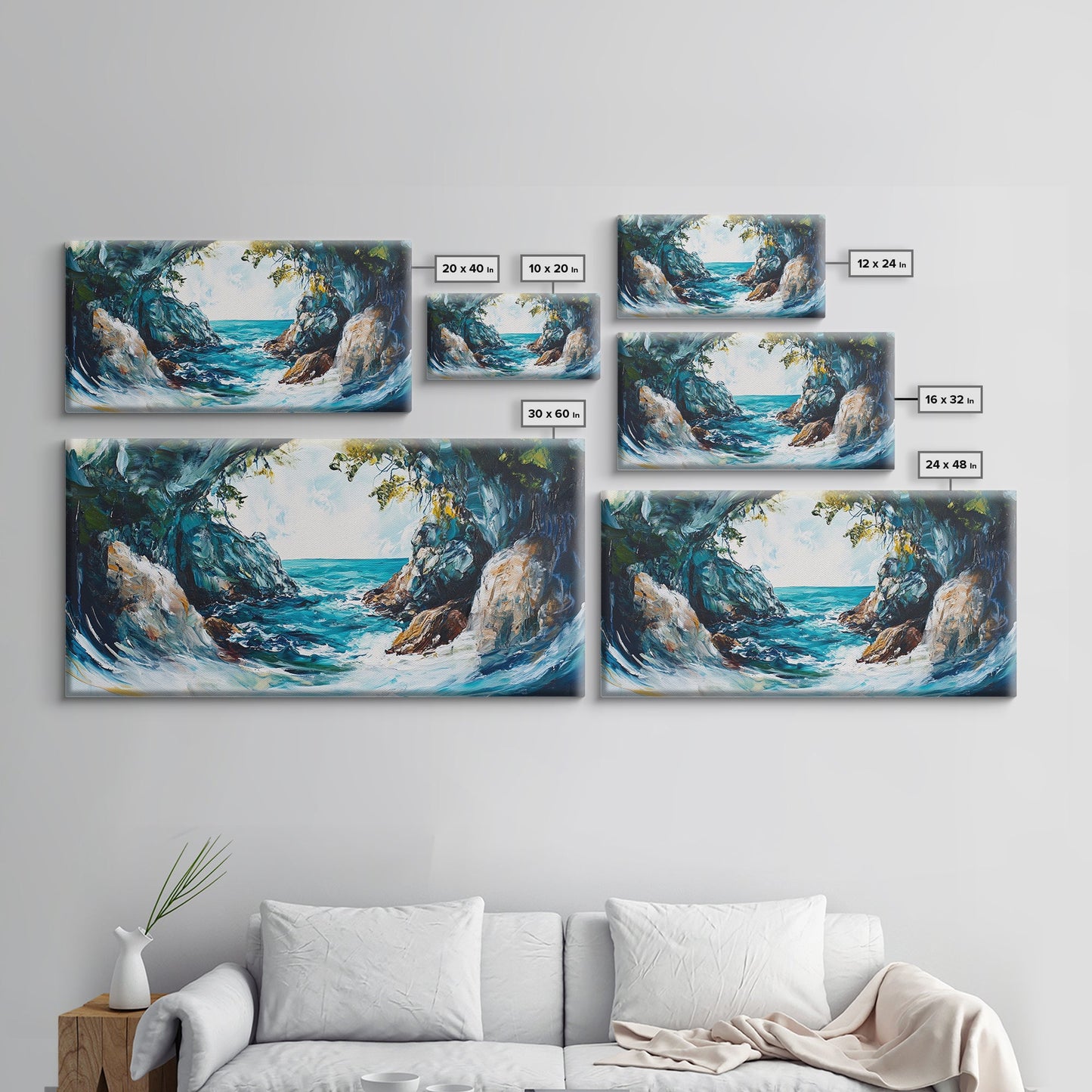 Ocean Cave, coastal landscape art, seascape painting, blue and green wall art, framed canvas print, extra wide art, beach painting