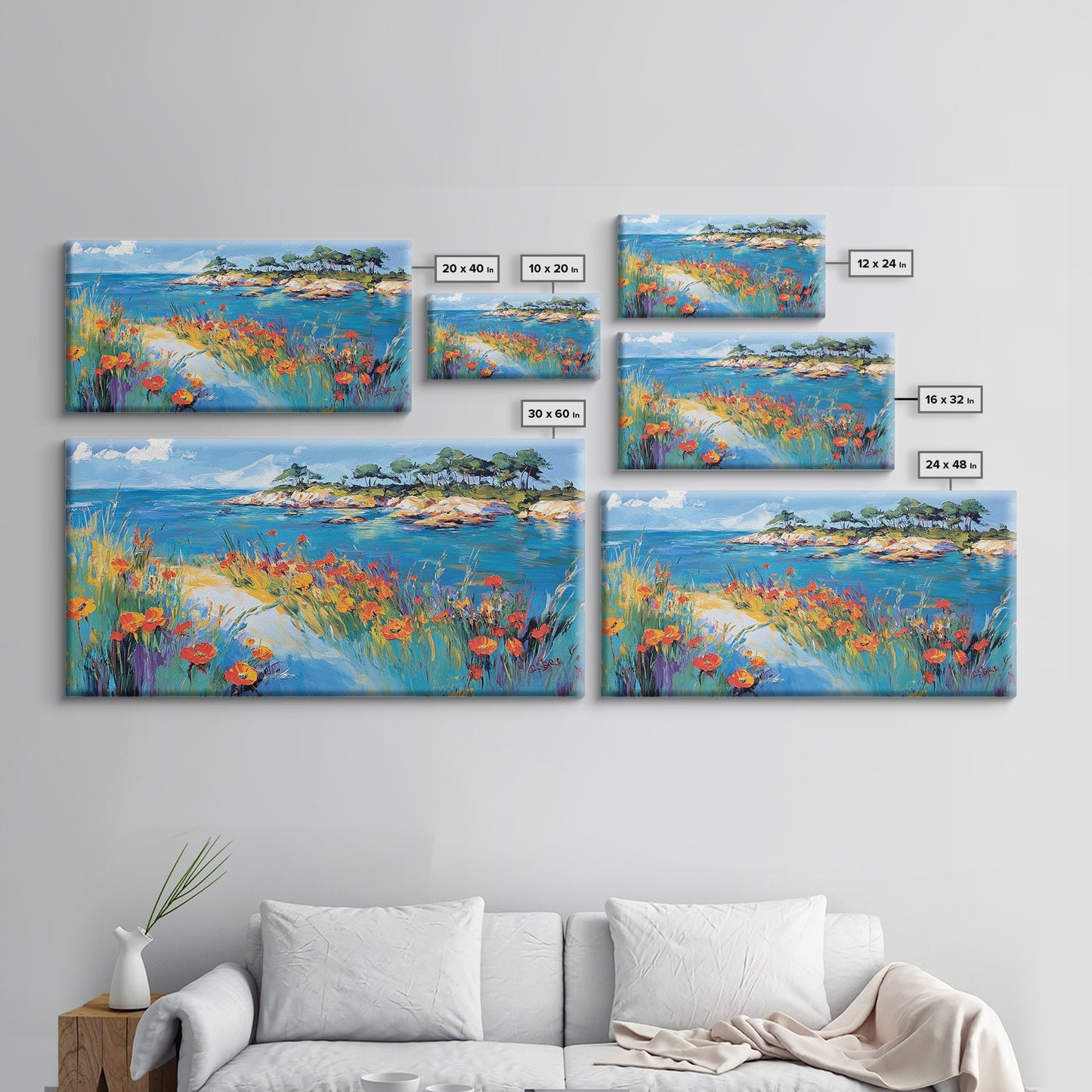 Coastal Poppies, Framed Canvas Print, California poppy art, coastal painting, wildflower painting, seascape art, above bed wall art