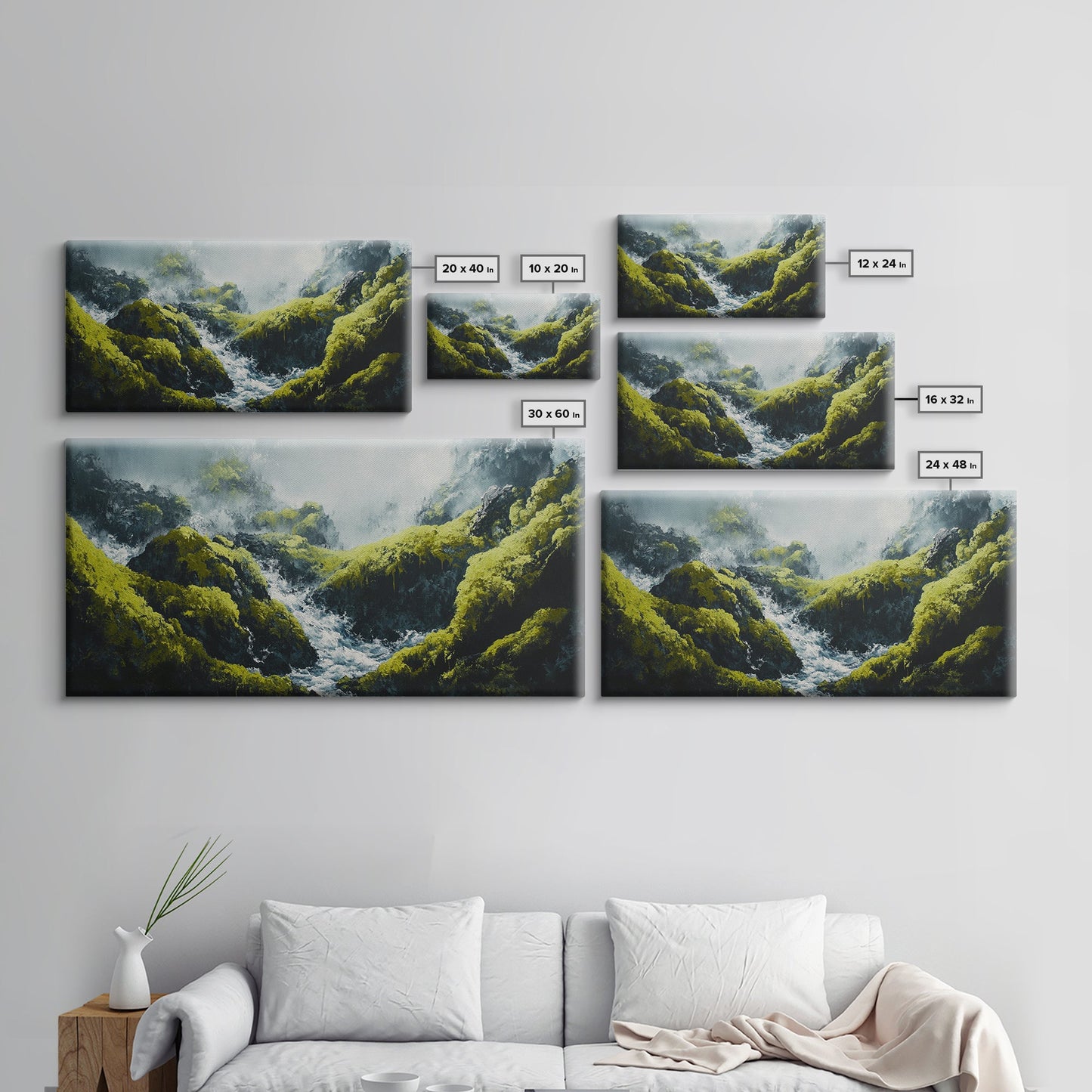 Waterfall Moss, green wall art, framed canvas print, mountain painting, zen wall art, rustic decor, original painting, above couch art