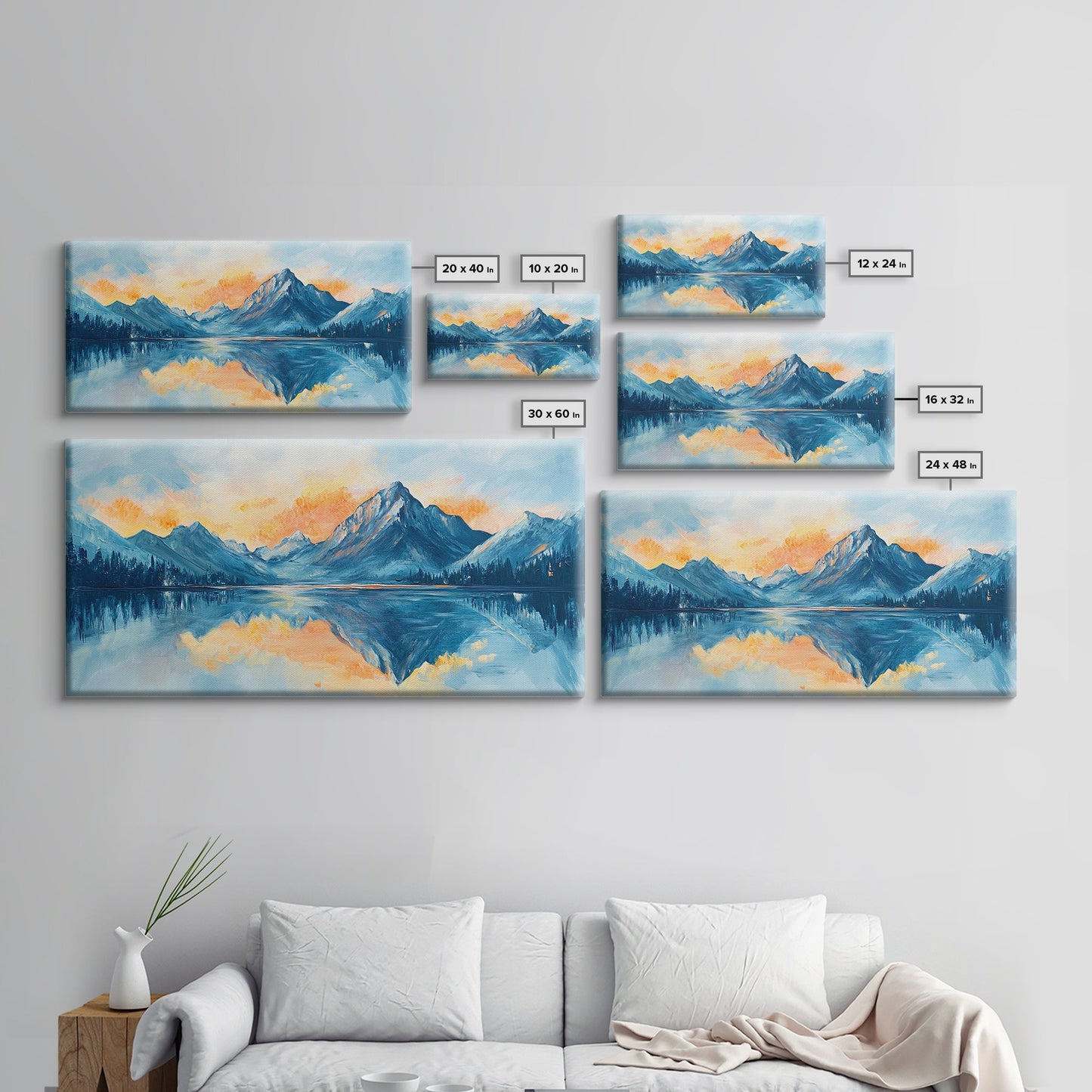 Lake Reflection, Sunset Mountains, Panoramic Art, Framed Canvas Print, Mountain Painting, Lake Art, Horizontal Wall Art, Bedroom Art