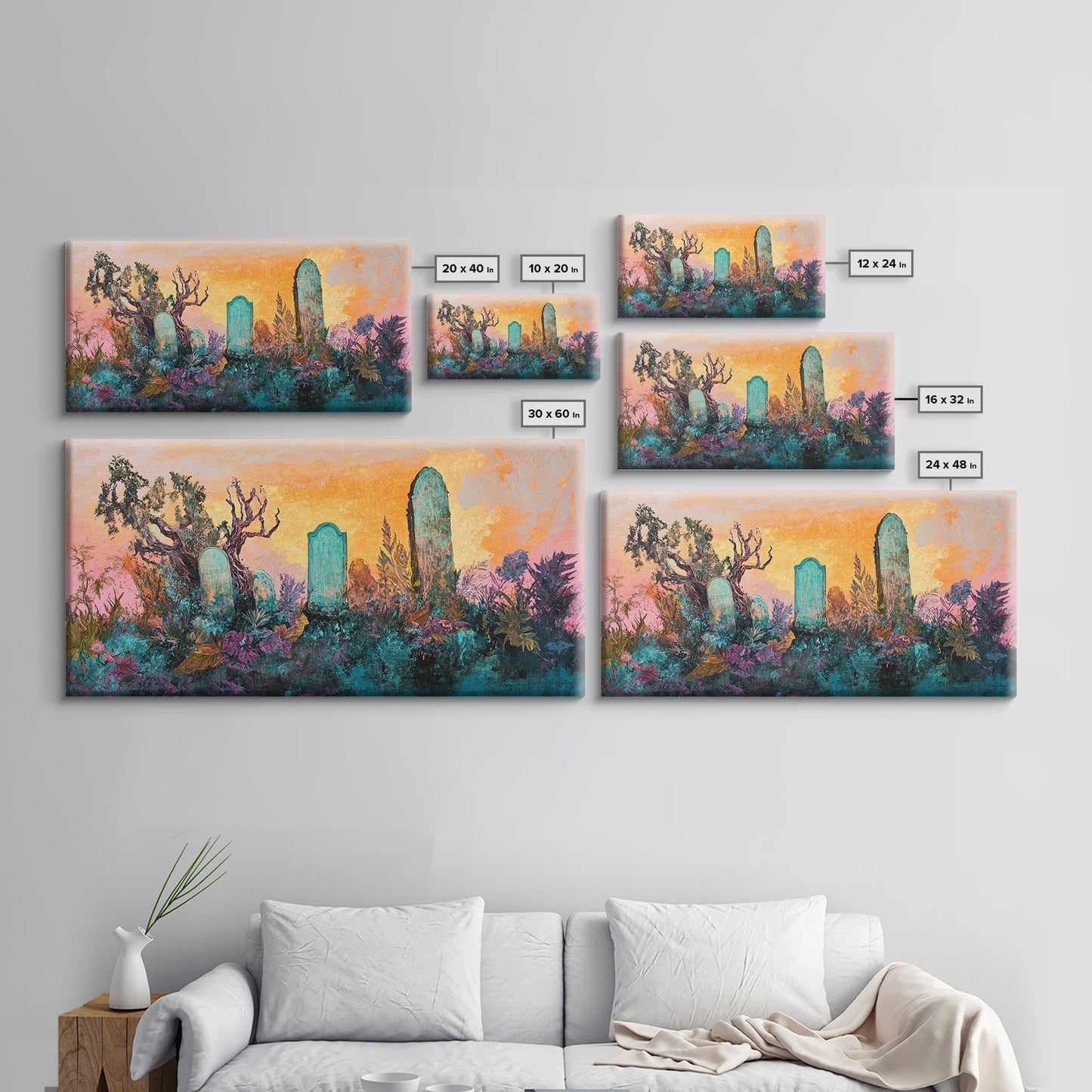 Dark romance painting, gothic art, framed canvas print, extra wide art, Halloween decor, whimsical art, spooky graveyard painting