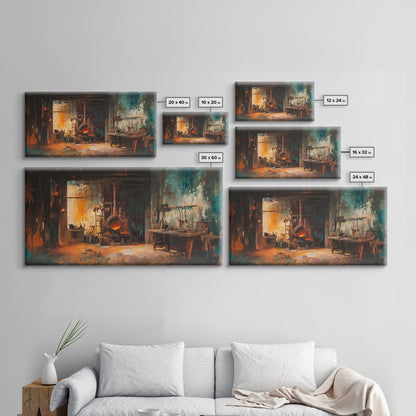 Rustic forge, blacksmith, industrial art, dark romance painting, vintage art, moody art, framed canvas print, horizontal wall art, gift idea