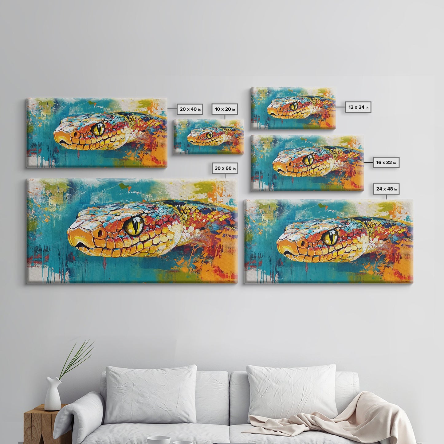 Colorful Snake, wildlife painting, framed canvas print, reptile wall art, bold abstract art, extra wide art, rustic decor