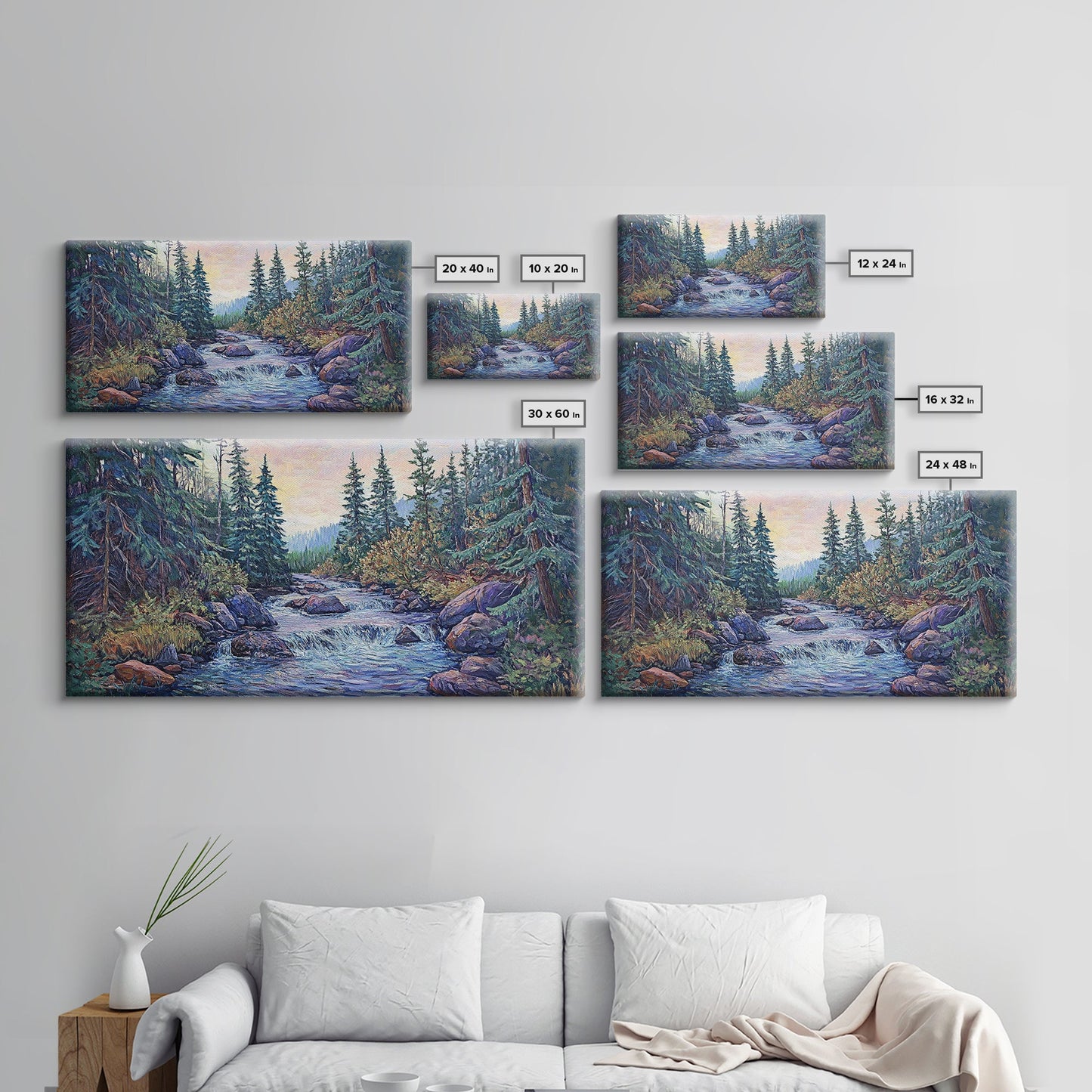 Forest River Scene, pine tree art, mountain painting, landscape painting, smoky mountain art, rustic decor, Framed Canvas Print