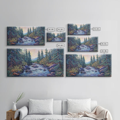 Forest River Scene, pine tree art, mountain painting, landscape painting, smoky mountain art, rustic decor, Framed Canvas Print
